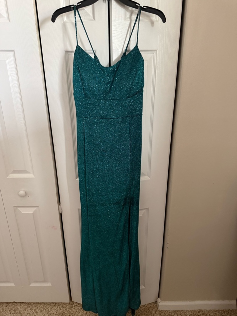 Teal Sparkle Spaghetti Strap Evening Gown